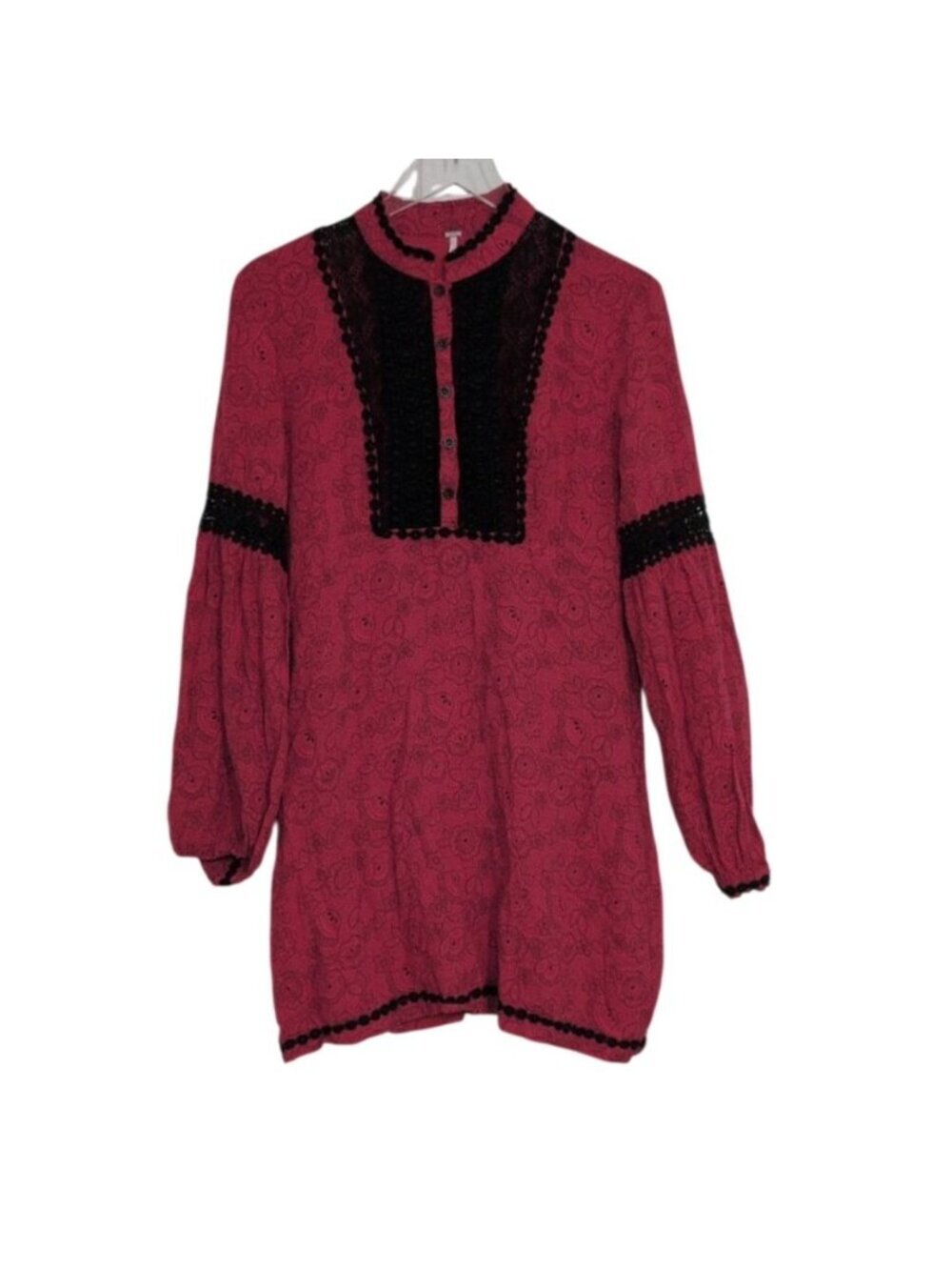 Free People Floral Dress Womens Size 10 Red Crochet Boho Whimsigoth Long Sleeve